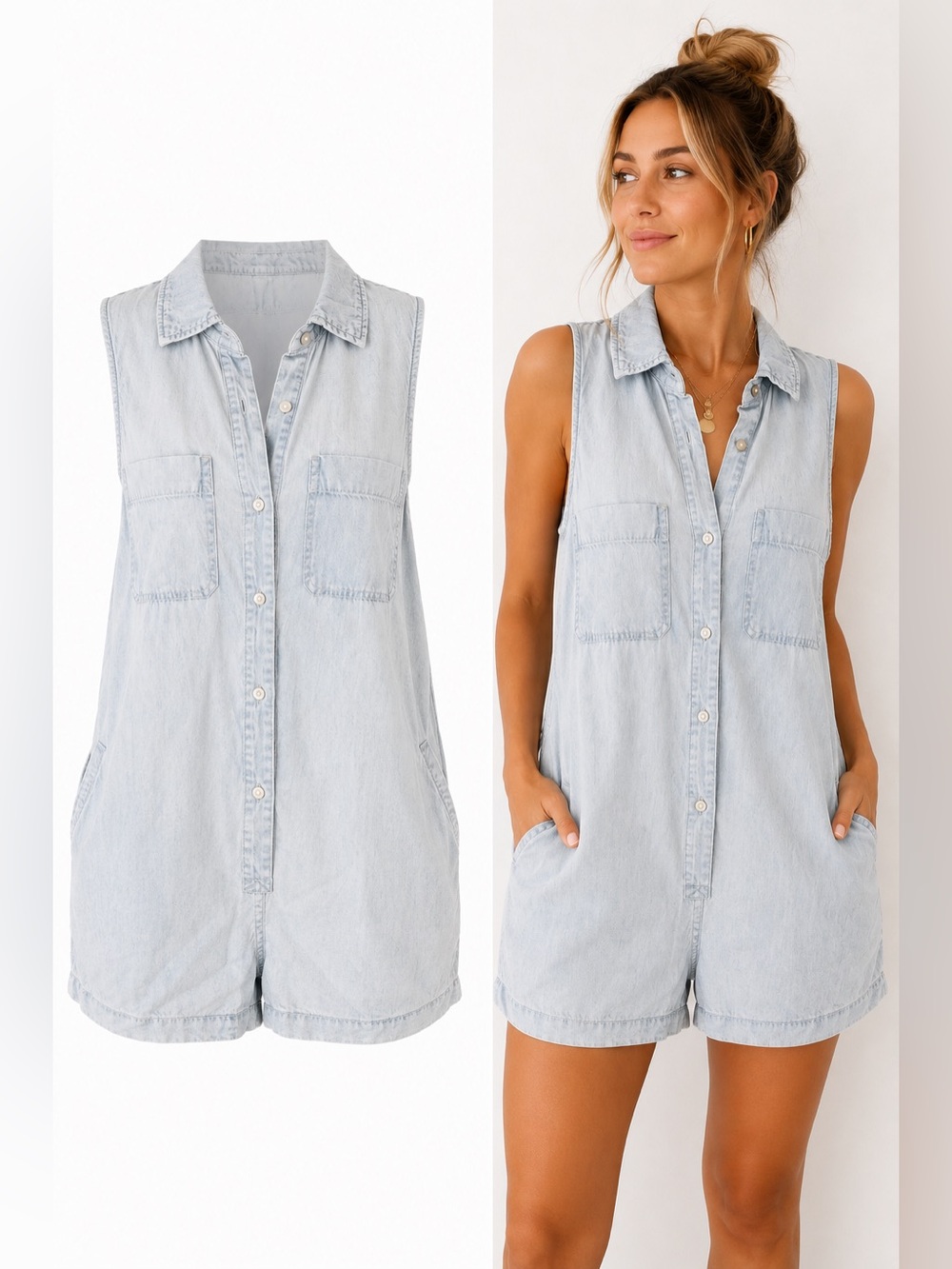 MuMu | Light Wash Chambray Sleeveless Button Front Romper | Medium